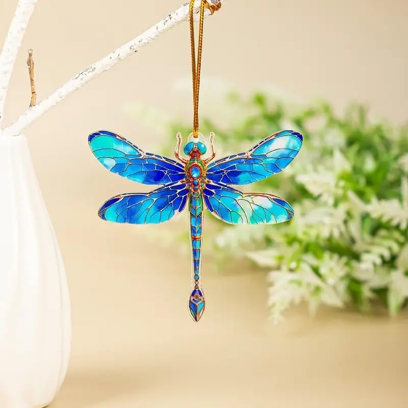 Stained Glass Dragonfly Hanging Ornament for Home and Car Decor