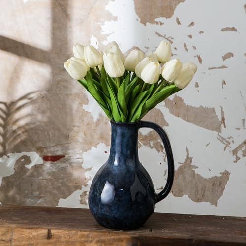 Blue Ceramic Vase with Big Handle Rustic Farmhouse Decor