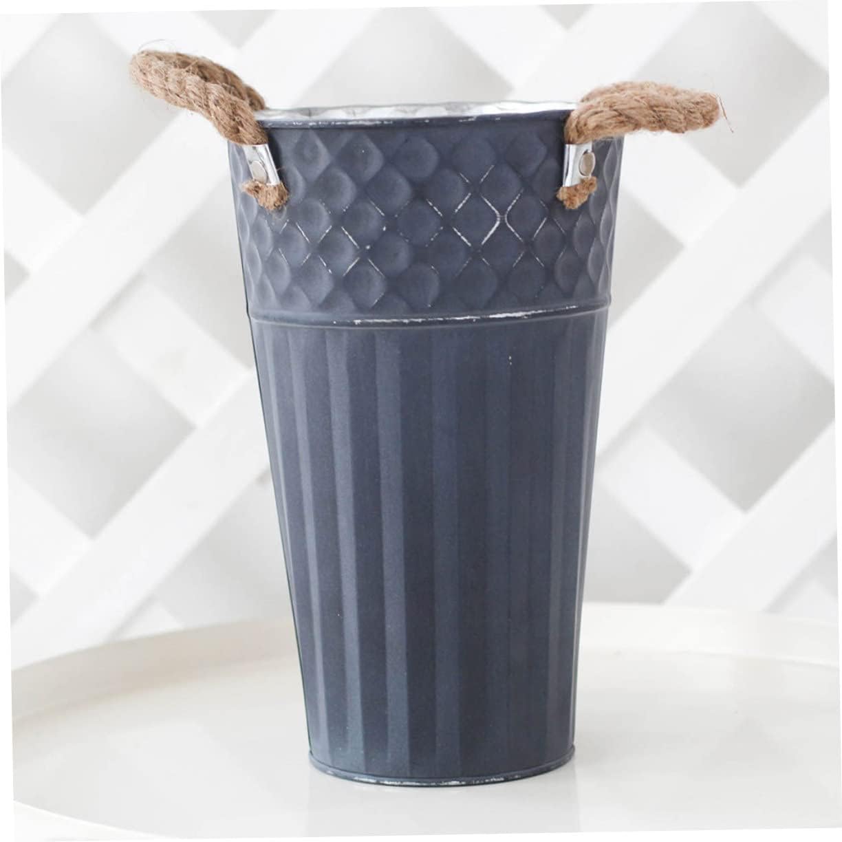 VINTORKY Iron Planter Flower Container Rustic Vintage Blue Vase for Home Decor