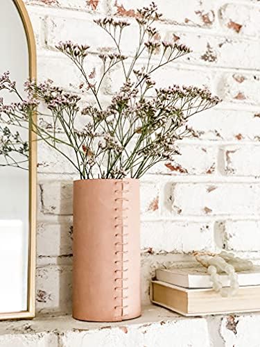 Wrapped Genuine Leather Vase - Boho Style 8 Inch