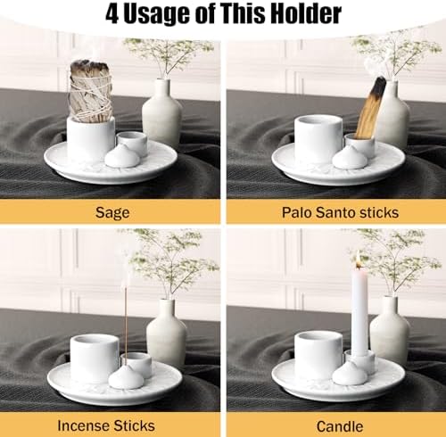 4 in 1 Palo Santo Incense Holder - Ceramic Ash Catcher Tray for Meditation Room - White