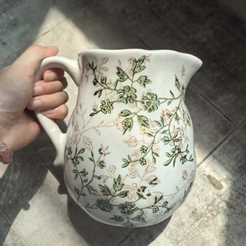 Green and Beige Ceramic Pitcher Vase with Handle