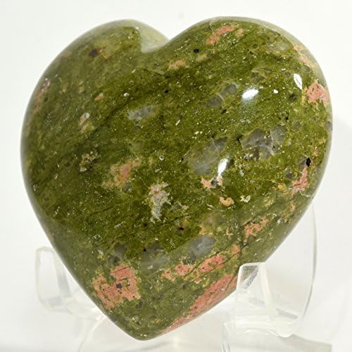 69mm Unakite Puffy Heart with Pink Feldspar Crystal Love Stone - Display Stand Included