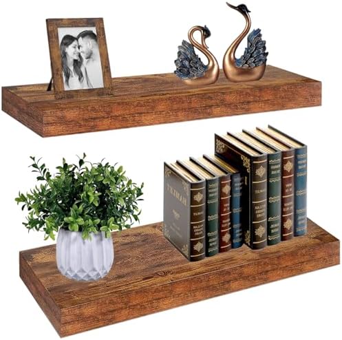 Set of 2 Rustic Wood Floating Shelves with Heavy Steel Brackets