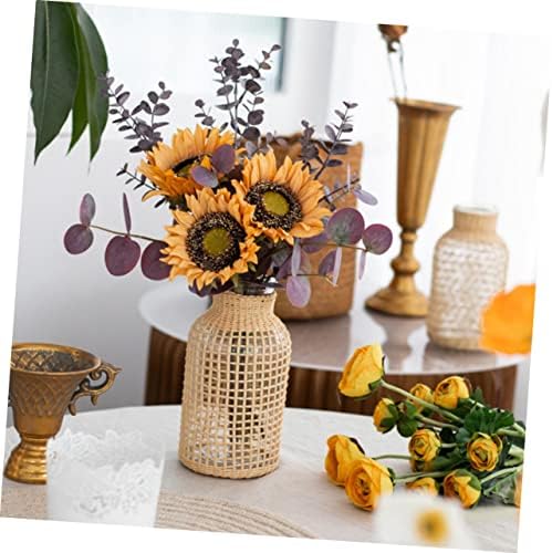 STOBAZA Style Glass Desktop Vase with Light Brown Wicker Design