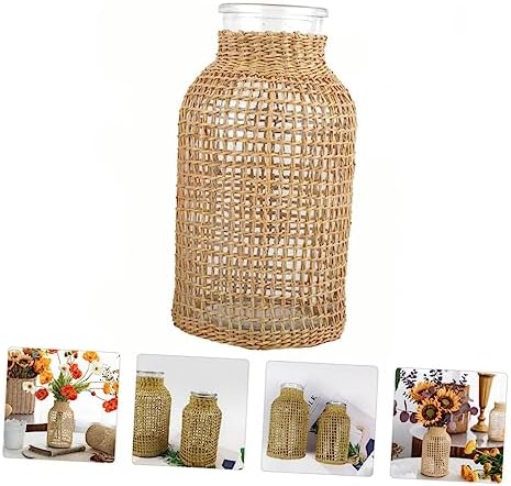 STOBAZA Style Glass Desktop Vase with Light Brown Wicker Design