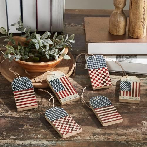 VHC Brands Patriotic Americana MDF Tag Ornaments 6 Pack