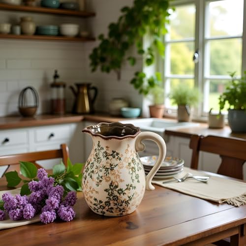 Vintage Vase with Handle - Green and Beige Rustic Ceramic Farmhouse Vase