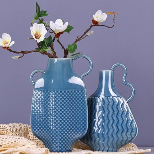 Blue Ceramic Vase with 2 Handles for Home Decor