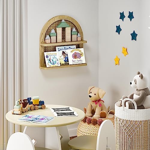 Wood Boho Rattan Wall Shelf 2 Tier Natural Color