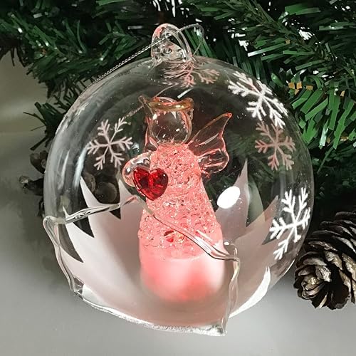 Angel with Red Heart Lighted Christmas Ornament - Color Changing 4 Hour Timer 4 Inch Diameter