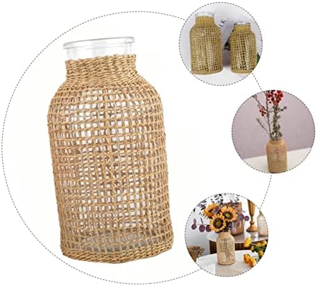 1Pc Decorative Straw Woven Glass Vase for Dried Flowers and Plants Light Brown Desktop Adornment Home Decor
