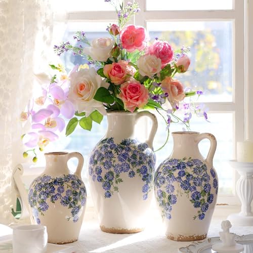 Vintage Flower Vase with Handle Blue and White Ceramic Pitcher