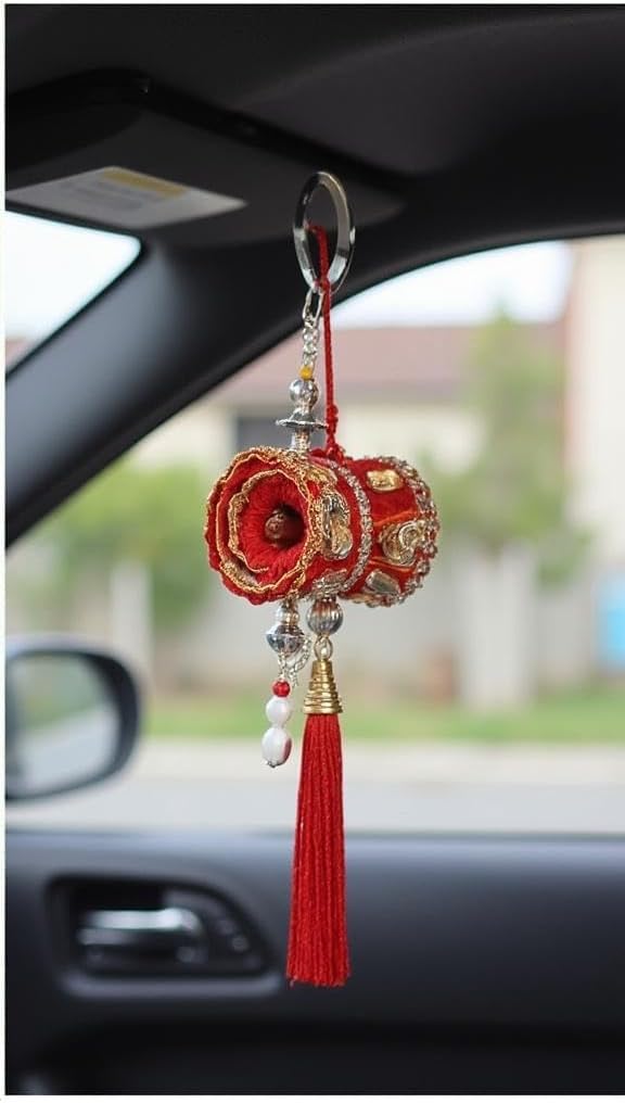 Car Interior Hanging Mirror Decoration Handmade Velvet Damru Accessory Red