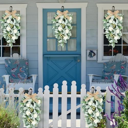 4 Pcs 24 Inch Artificial White Rose Teardrop Wreaths