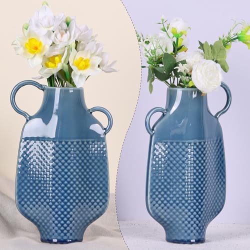 Blue Ceramic Vase with 2 Handles for Home Decor