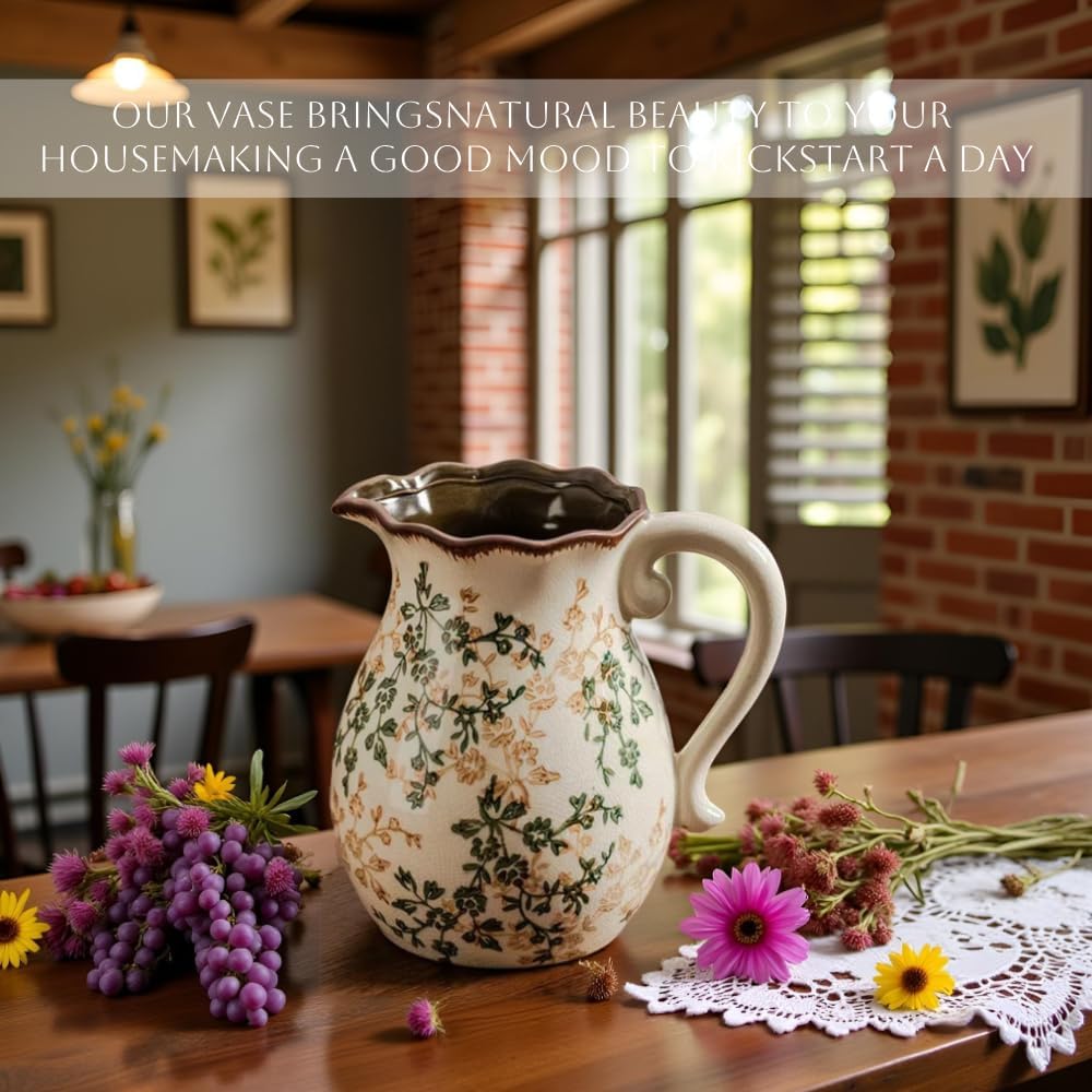 Vintage Vase with Handle - Green and Beige Rustic Ceramic Farmhouse Vase