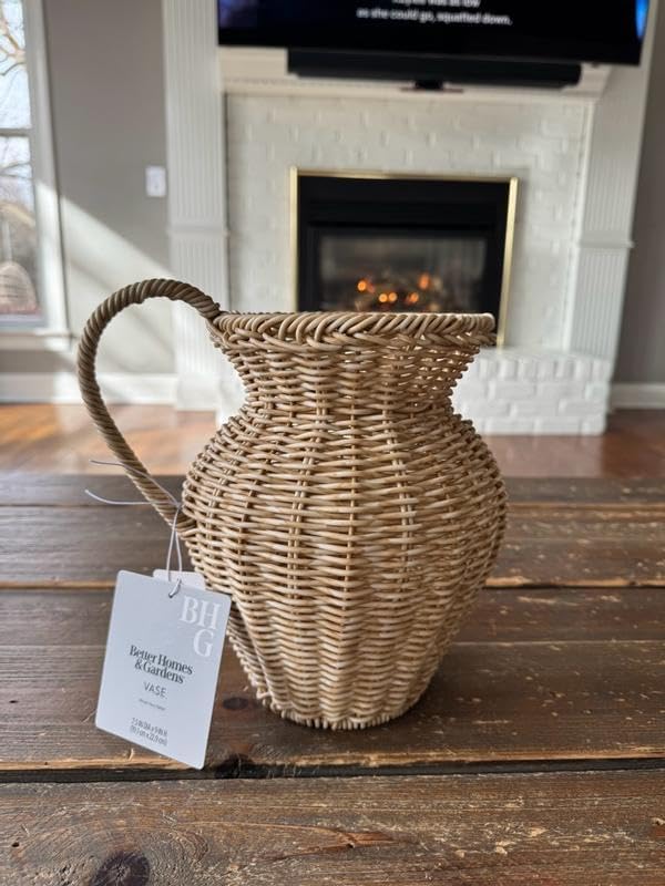 9 Inch Tall Faux Wood Rattan Wicker Vase - Soft Beige