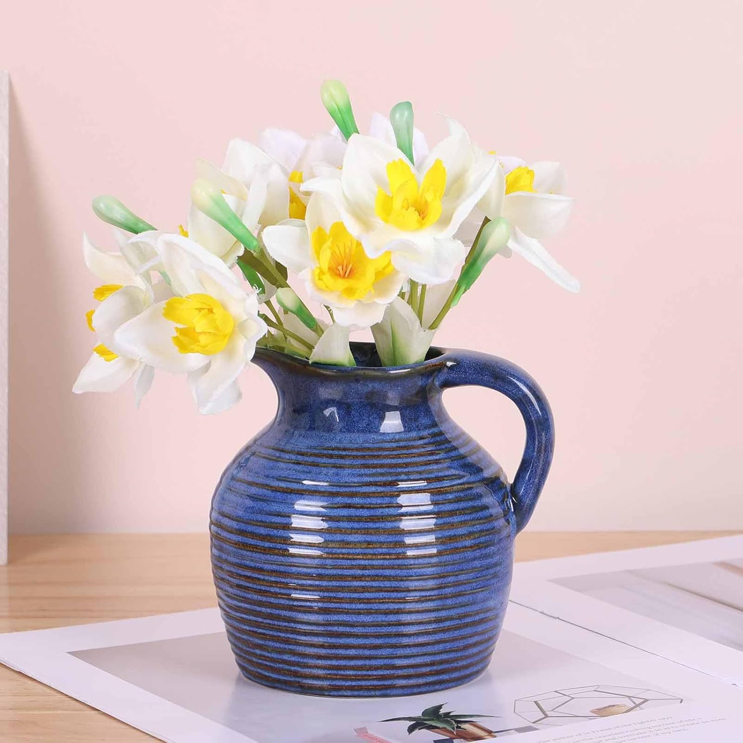 LCCCK Blue Ceramic Vase with Handle