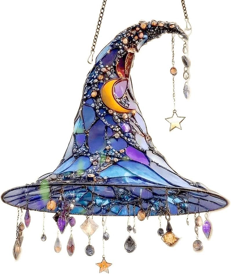 Halloween Witch Hat Hanging Ornament 2D Acrylic Window Decor Dark Purple