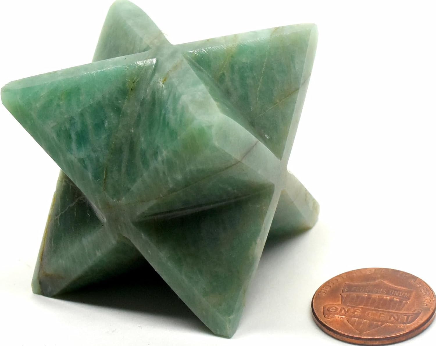 24 Inch 90g Green Amazonite 8 Point Merkaba Star with Clear Quartz Cabochon