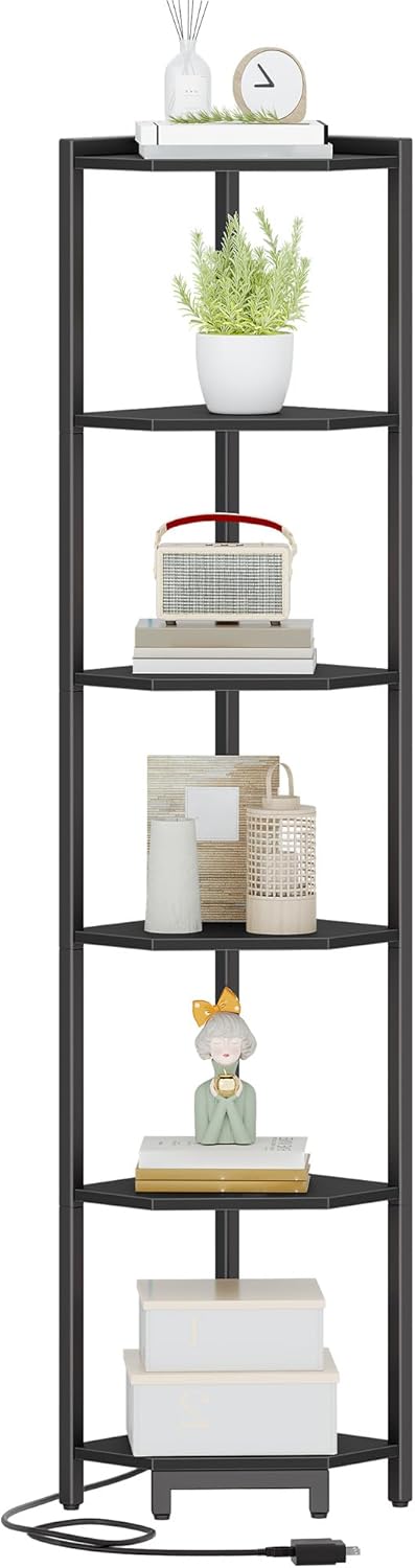 6-Tier Corner Bookshelf with LED Light Black CS66606B