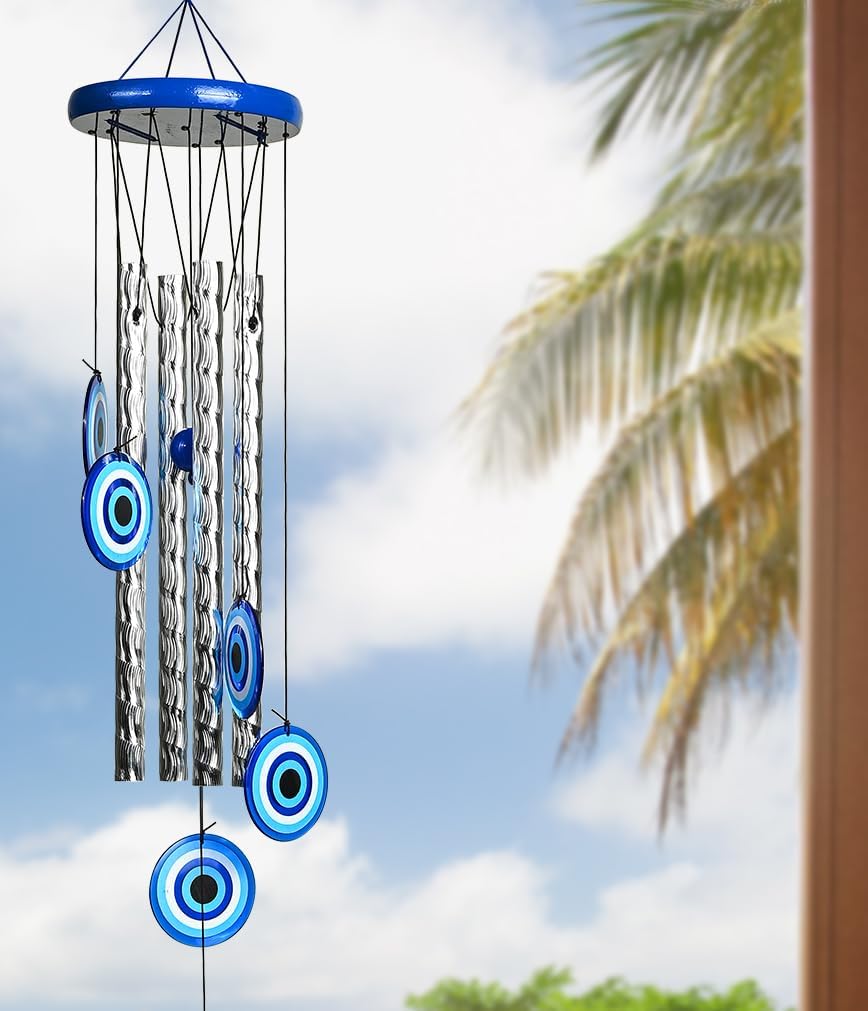 BEZAVO 27-Inch Evil Eye Wind Chime with 4 Silver Pipes