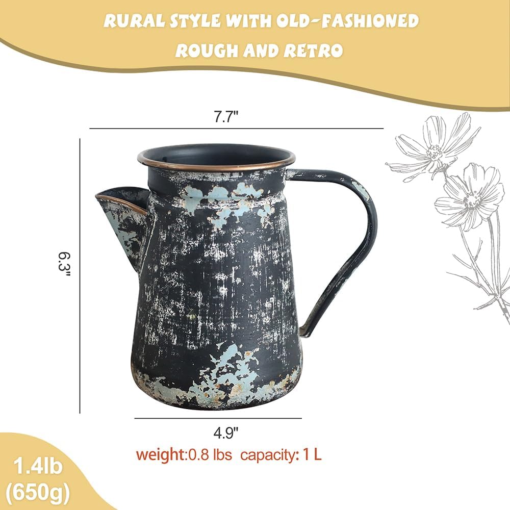 Vintage Metal Milk Jug Vase Shabby Chic Decor Black