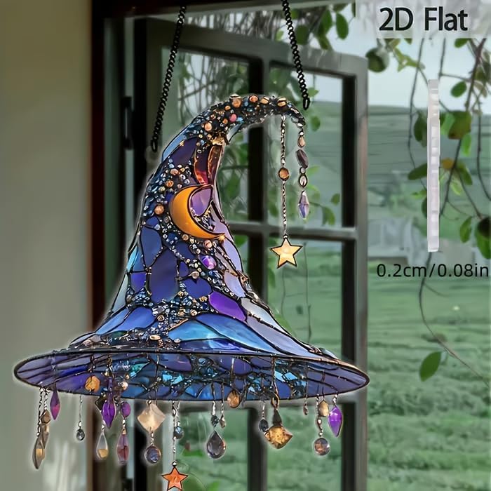 Halloween Witch Hat Hanging Ornament 2D Acrylic Window Decor Dark Purple