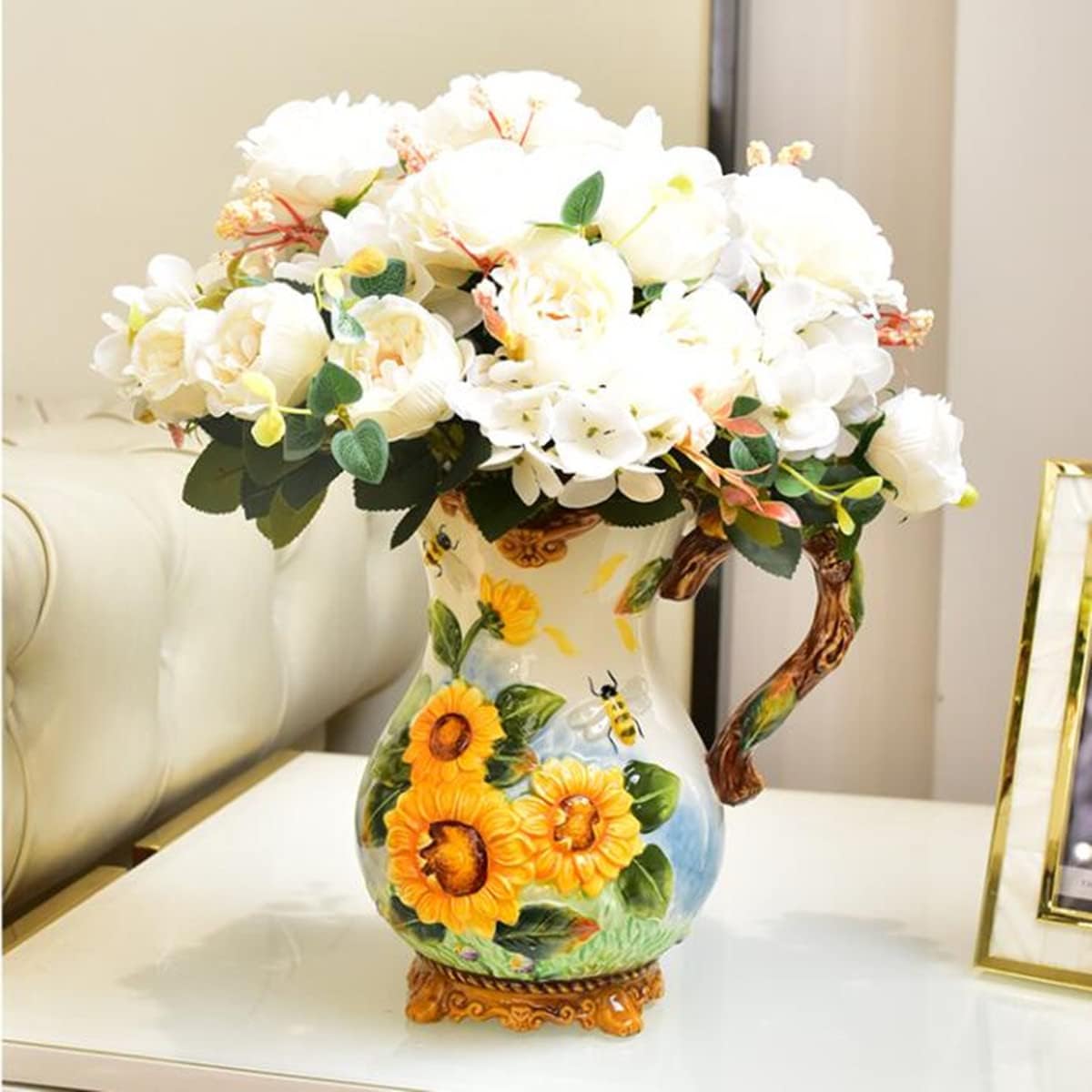 FORLONG Large Ceramic Water Pitcher Flower Vase with Sunflower and Bee Design Yellow 87 Inches Height