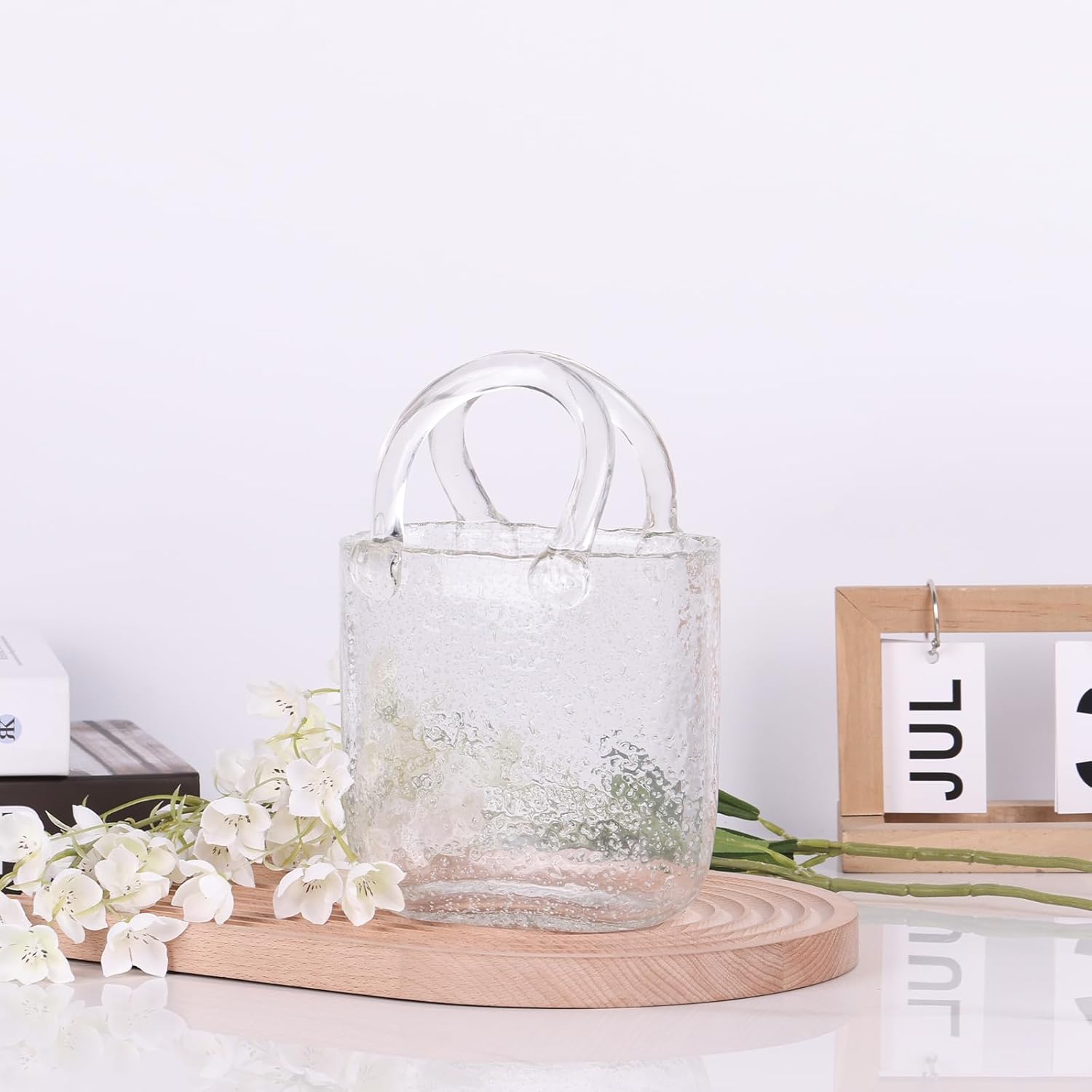 Light Up Glass Purse Vase with Handle for Home Decor