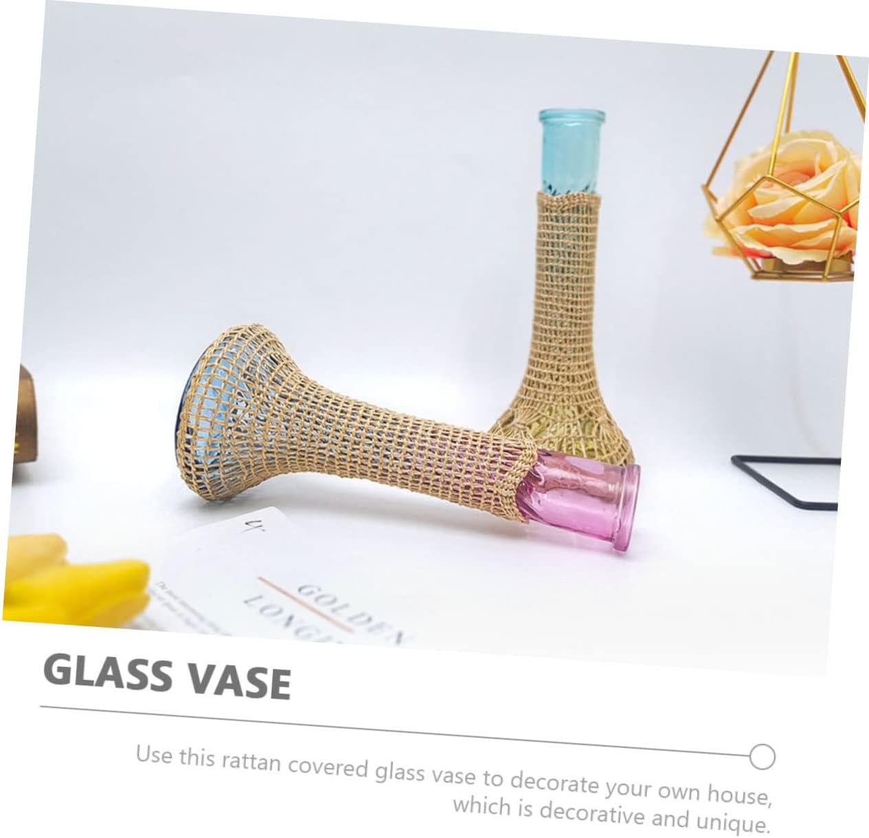 Small Rattan Glass Vases for Farmhouse and Wedding Decor