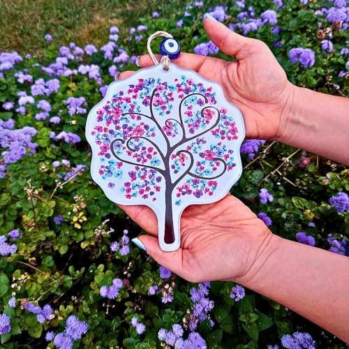 Glass Pink Flowers Tree of Life Hanging Decor with Evil Eye Bead