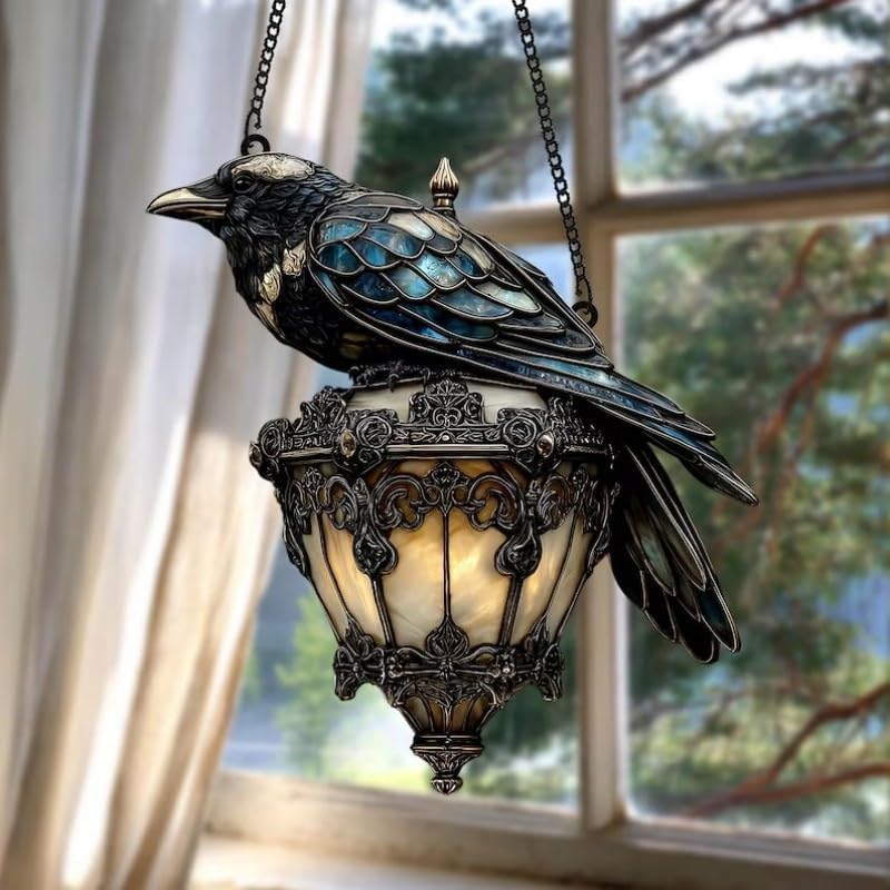 Raven Gothic Lantern 2D Acrylic Suncatcher Black Crow Decor for Halloween and Dark Academia