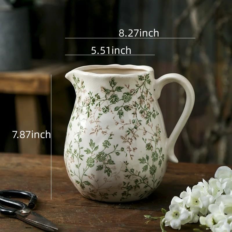 Green and Beige Ceramic Pitcher Vase with Handle