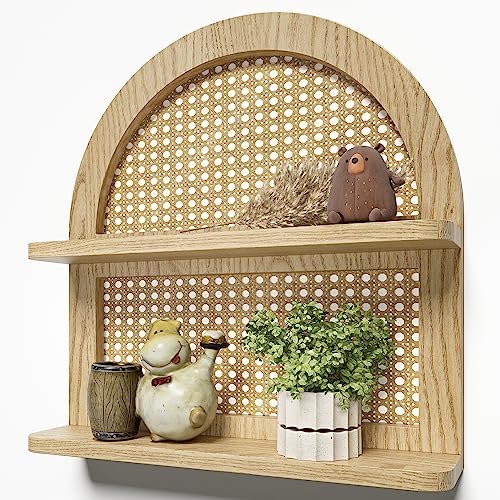 Wood Boho Rattan Wall Shelf 2 Tier Natural Color