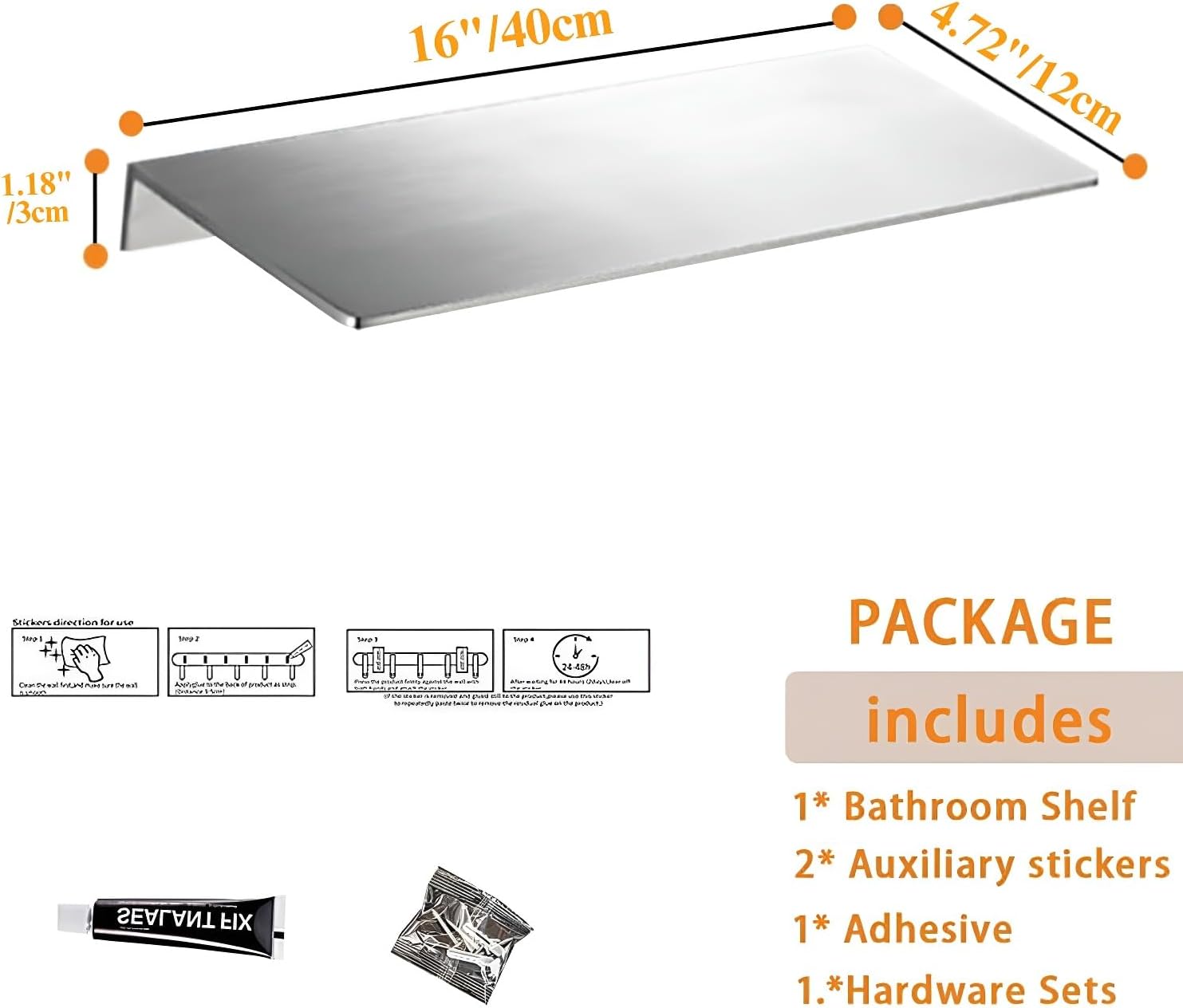 16 Inch Stainless Steel Floating Shelf for Modern Decor