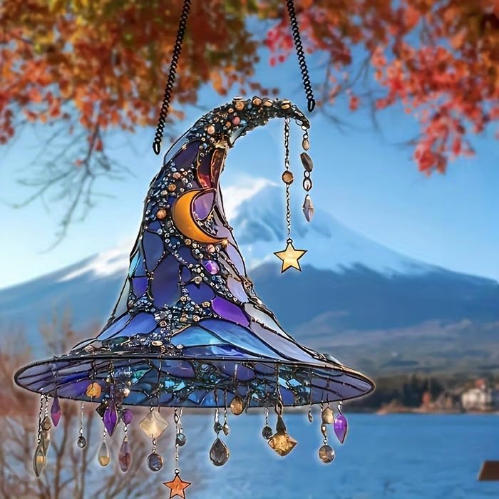 Halloween Witch Hat Hanging Ornament 2D Acrylic Window Decor Dark Purple