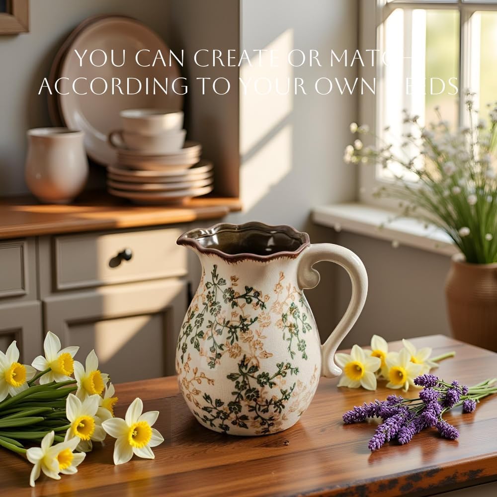 Vintage Vase with Handle - Green and Beige Rustic Ceramic Farmhouse Vase