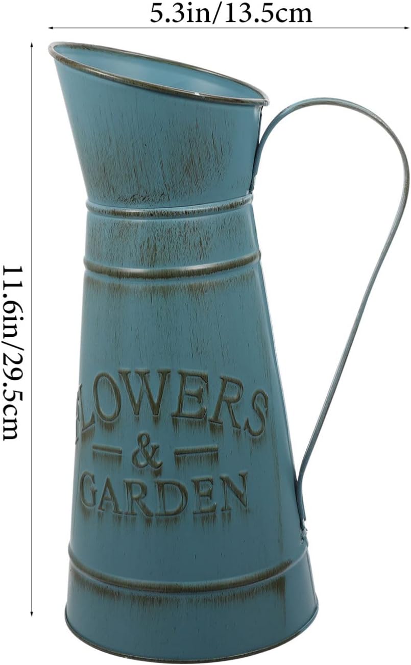 Vintage Blue Iron Pitcher Vase for Farmhouse Decor