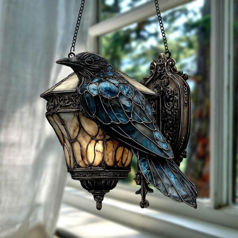 Raven Gothic Lantern 2D Acrylic Suncatcher Black Crow Decor for Halloween and Dark Academia