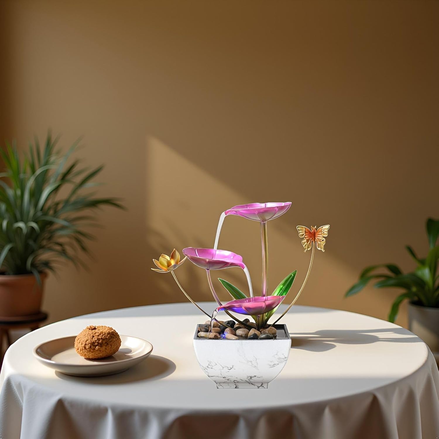 Pink Tabletop Water Fountain with LED Lights