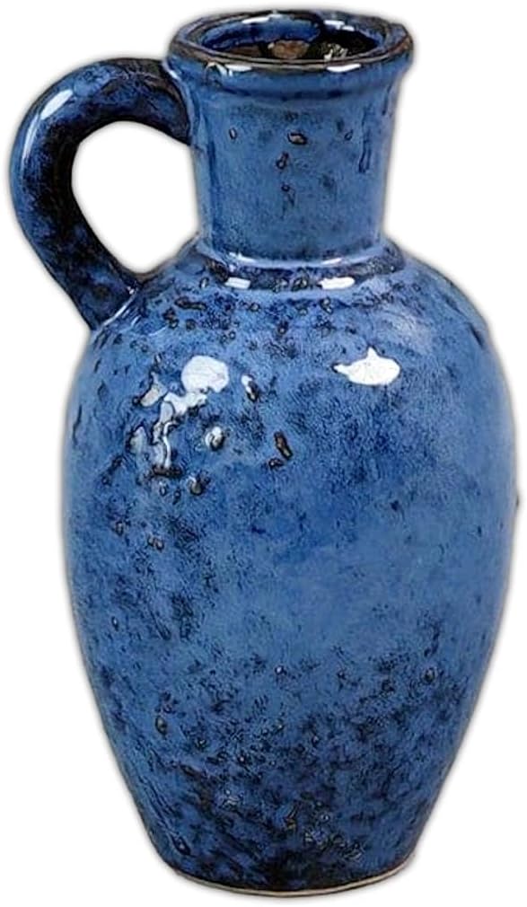 Rustic Blue Ceramic Jug Vase with Handle