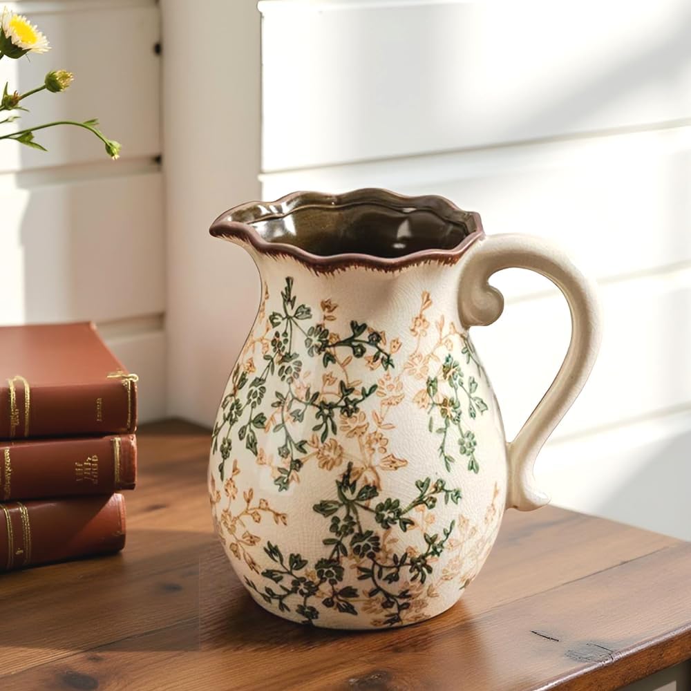 Vintage Vase with Handle - Green and Beige Rustic Ceramic Farmhouse Vase