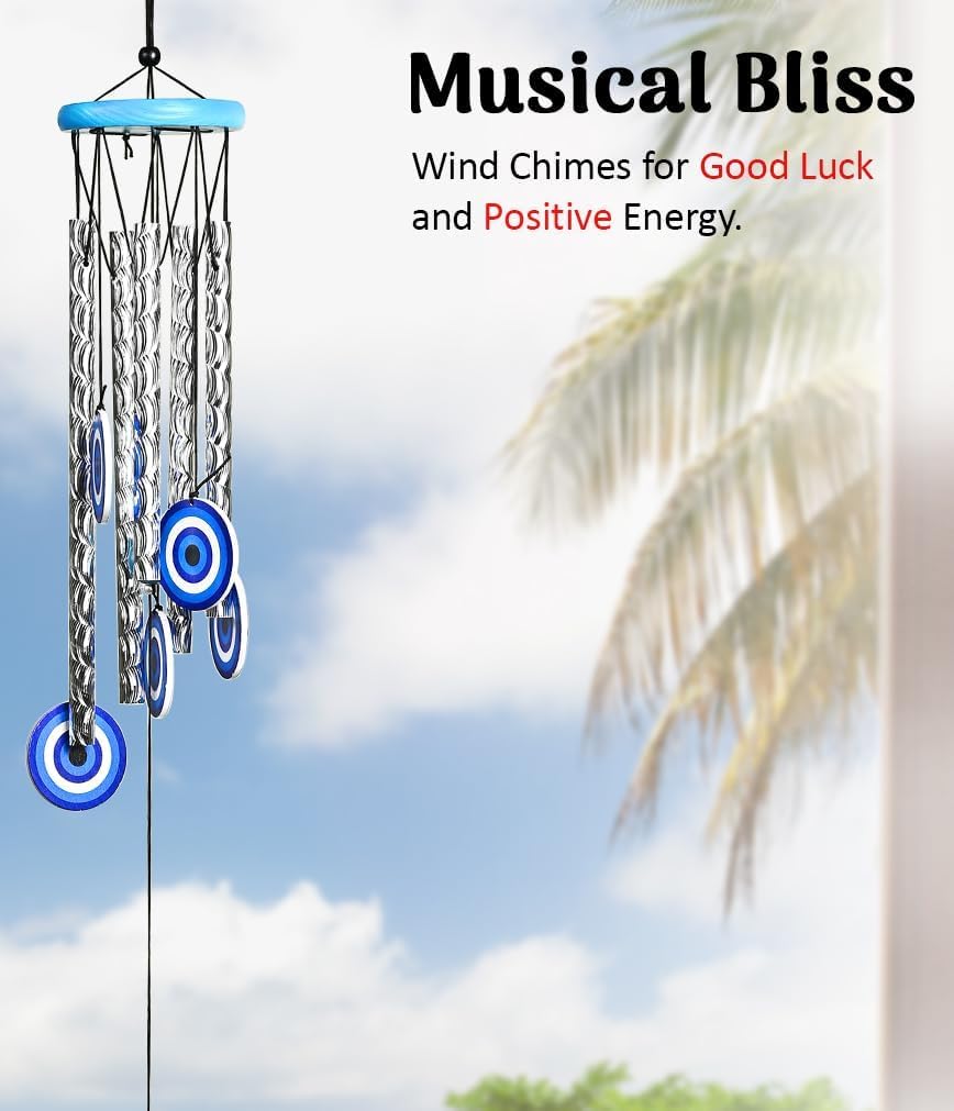 BEZAVO 27-Inch Evil Eye Wind Chime with 5 Silver Pipes