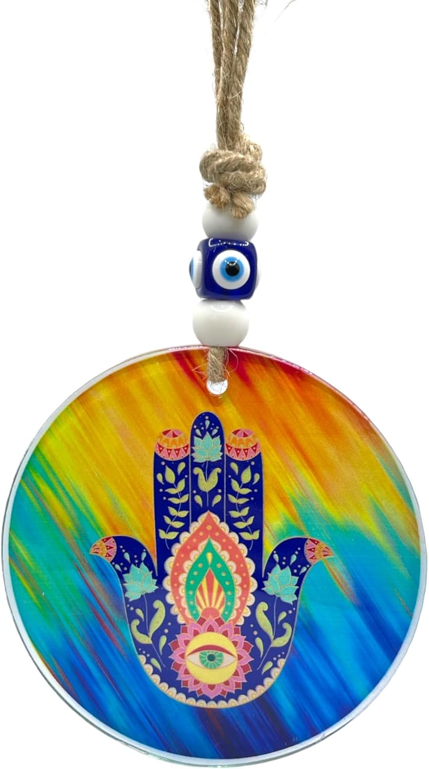 Lucky Vida Nazzar Evil Eye Hamsa 5 Inch Glass Wall Hanging