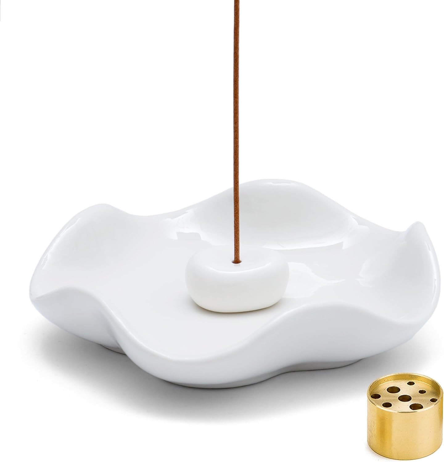 Elegant Ceramic Incense Holder Set with Wave Shape and Brass Holder - White