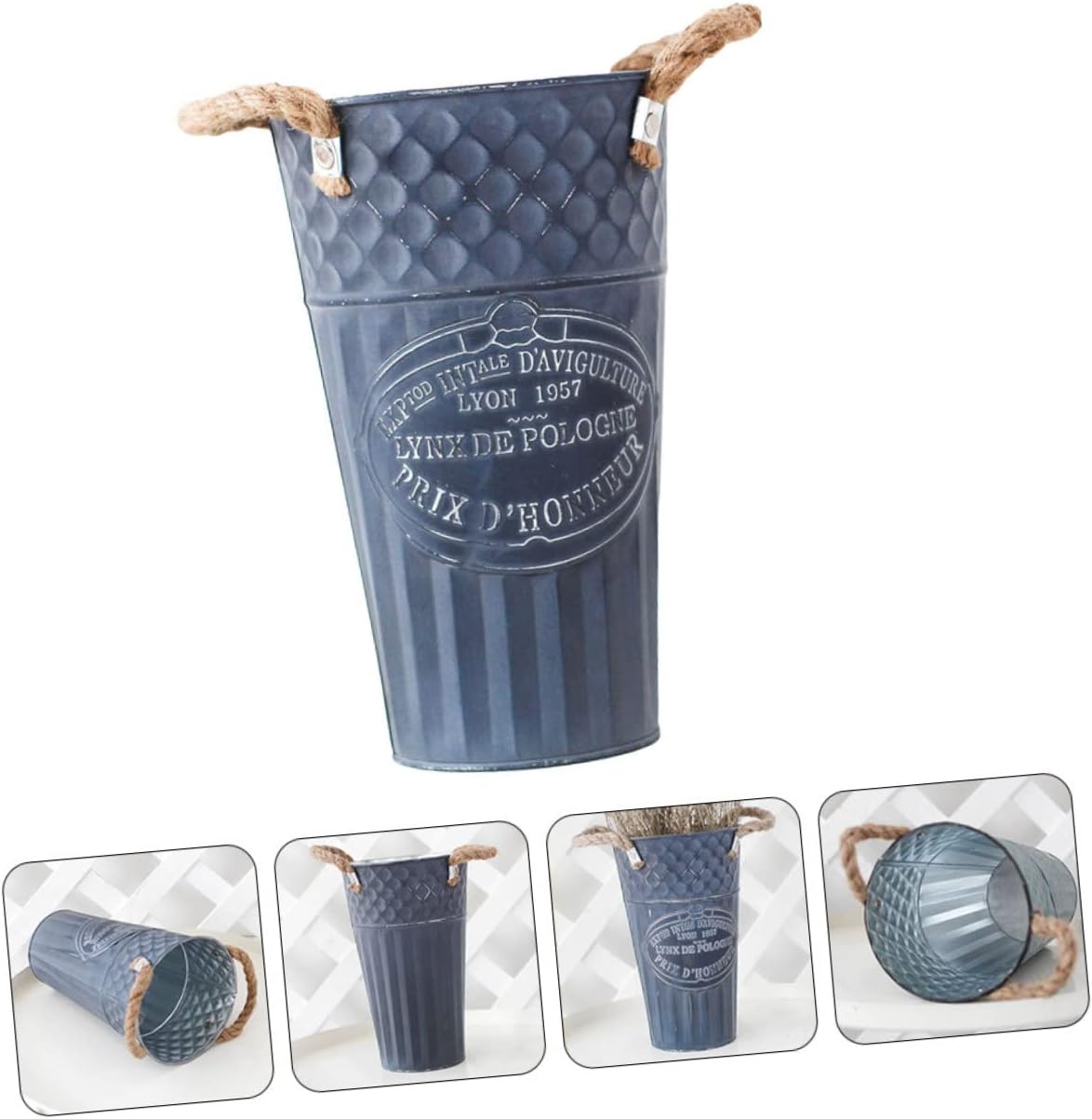 VINTORKY Iron Planter Flower Container Rustic Vintage Blue Vase for Home Decor