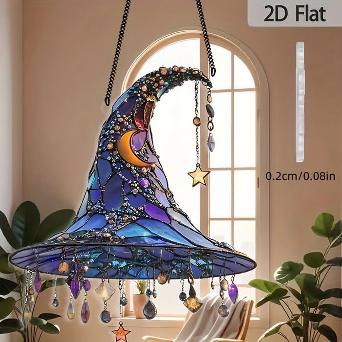 Halloween Witch Hat Hanging Ornament 2D Acrylic Window Decor Dark Purple