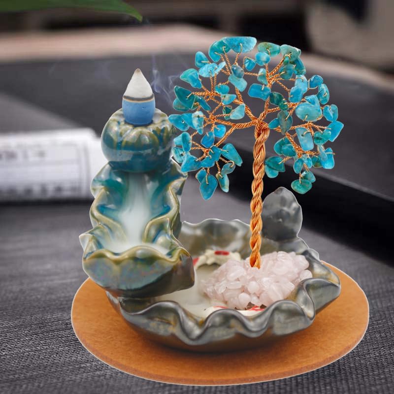 Crystal Tree Waterfall Incense Burner with 30 Cones 30 Sticks Healing Crystal Necklace